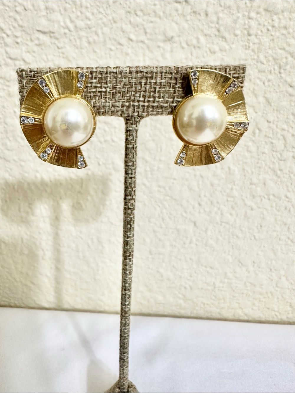 Vintage Gold Plated Pearl Clip-On Earrings with Crystal Accents